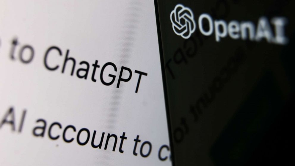 PHOTO: Illustration photo of OpenAI logo displayed on a phone screen and ChatGPT website displayed on a laptop screen.