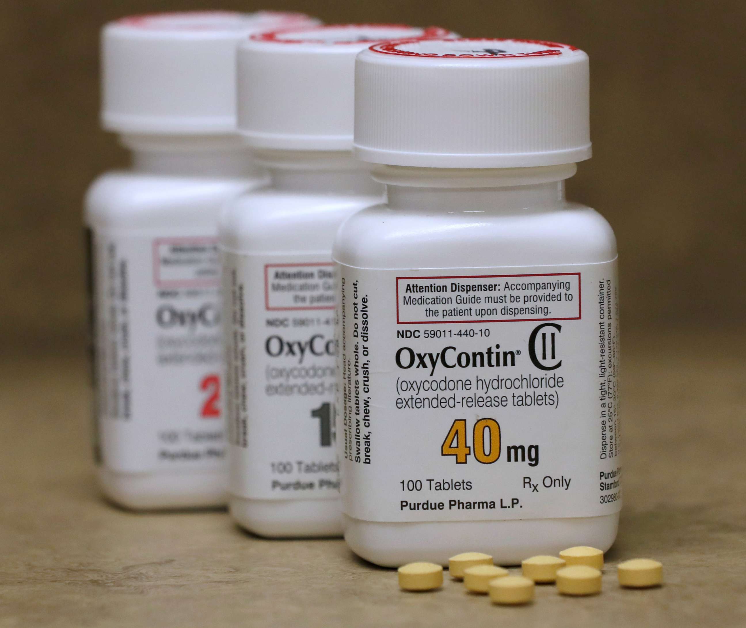 PHOTO: Bottles of prescription painkiller OxyContin pills, made by Purdue Pharma LP, sit on a counter at a local pharmacy in Provo, Utah, U.S., in this April 25, 2017 file photo.