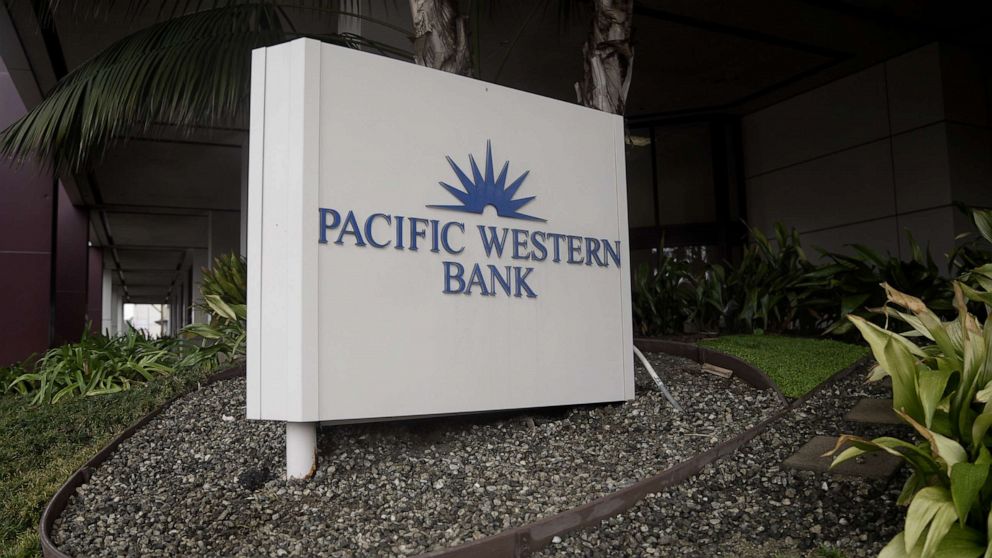 PHOTO: A Pacific Western Bank branch is seen in Los Angeles on March 10, 2023.