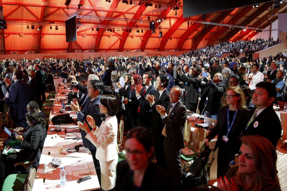 PHOTO: Audience members and delgates cheers after the adoption of a historic global warming pact at the COP21 Climate Conference in Le Bourget, north of Paris, Dec. 12, 2015.
