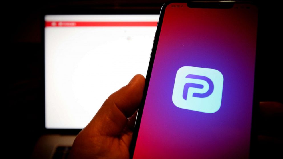 PHOTO: The Parler logo is seen on an Apple iPhone in this photo illustration on Jan, 2021. The Parler app, developed as an alternative social media platform for conservatives has been taken from the Apple App Store and the Google Play store.