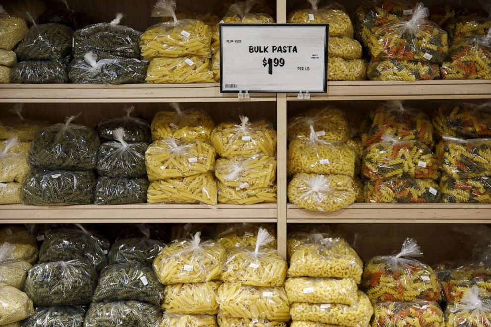 PHOTO: Pre-packaged bulk pasta is displayed inside a Sprouts Farmers Market grocery store in West Covina, Calif., May 29, 2020.c