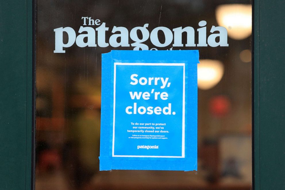 PHOTO: An April 9, 2020, file photo shows a closed Patagonia clothing store in Freeport, Maine.