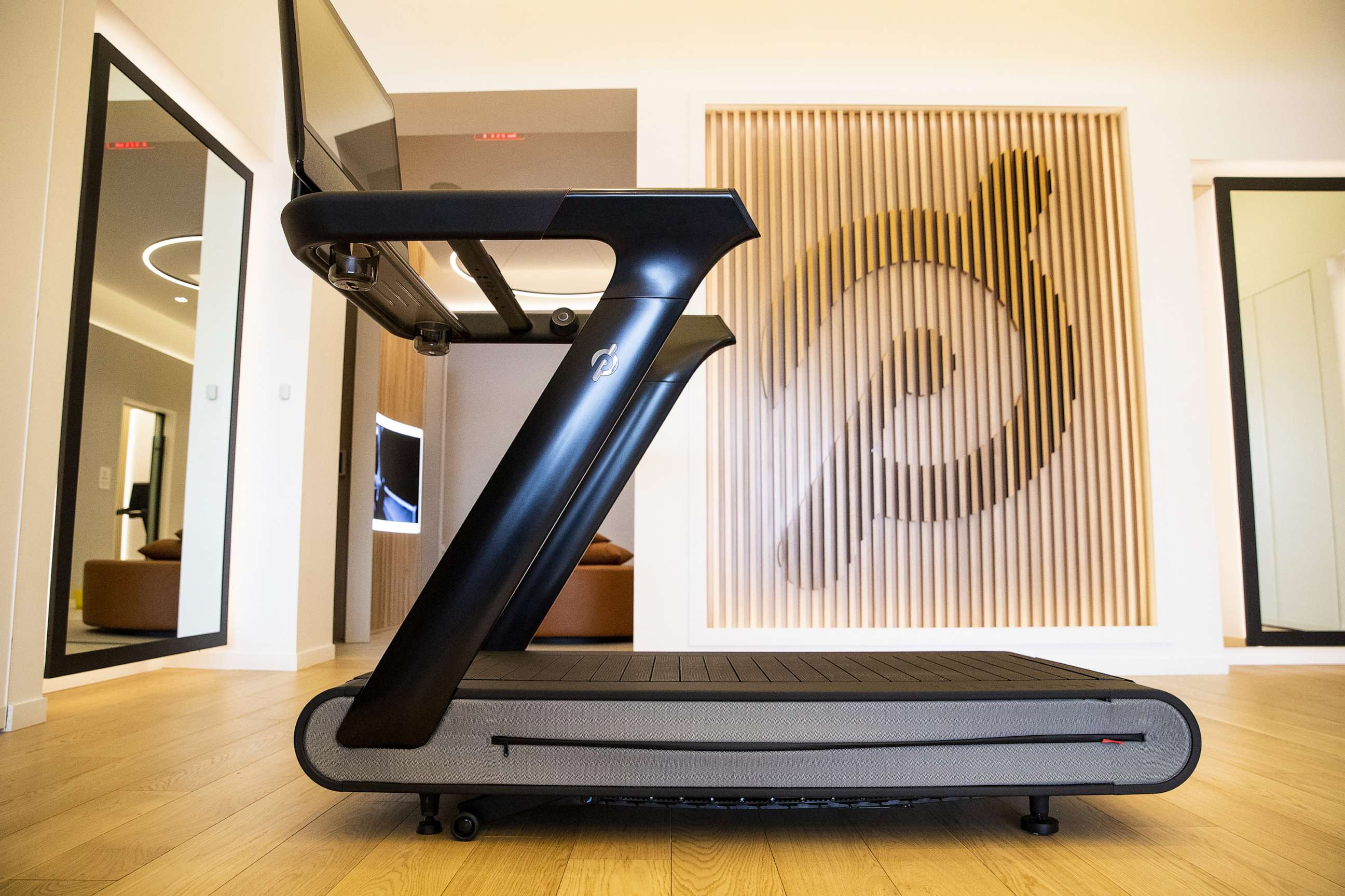 PHOTO: A Peloton Tread+ exercise machine for sale at the company's showroom in Dedham, Mass.