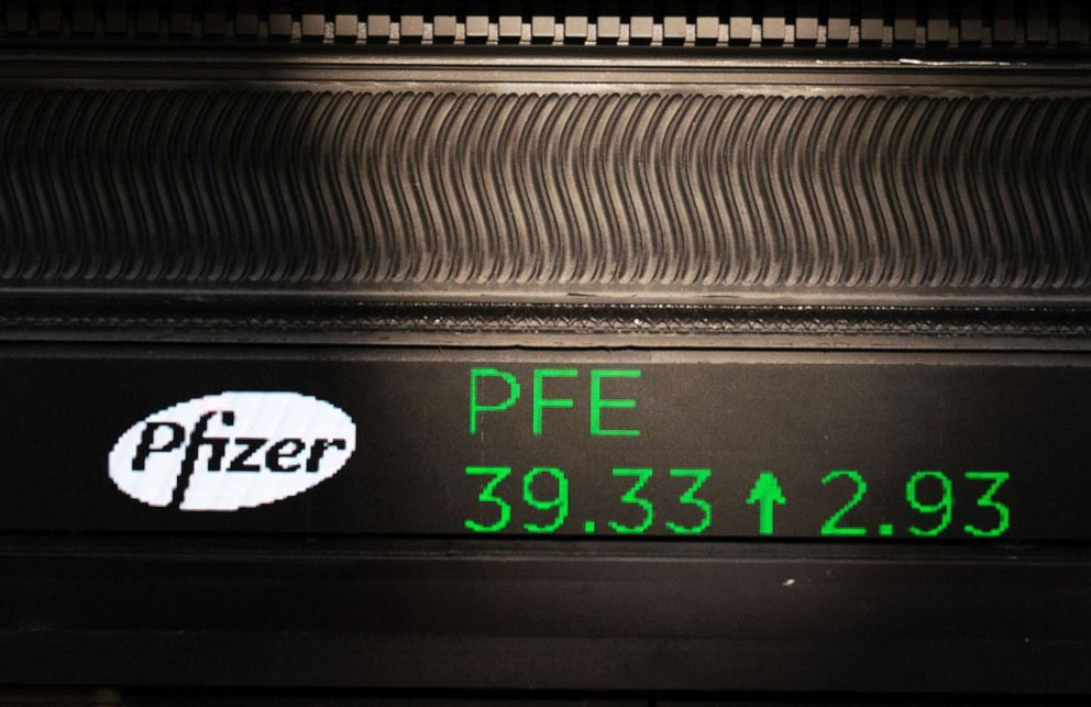 PHOTO: A stock ticker with Pfizer stock information is shown at the New York Stock Exchange,Nov. 9, 2020.
