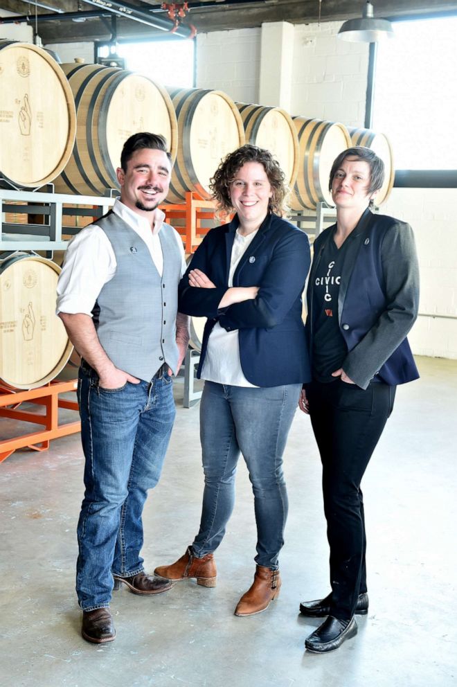 PHOTO: Pia Carusone, middle, is co-owner of Republic Restoratives Distillery, one of the few women-owned distilleries in the U.S. She employs 30 workers at the business in Washington, D.C.