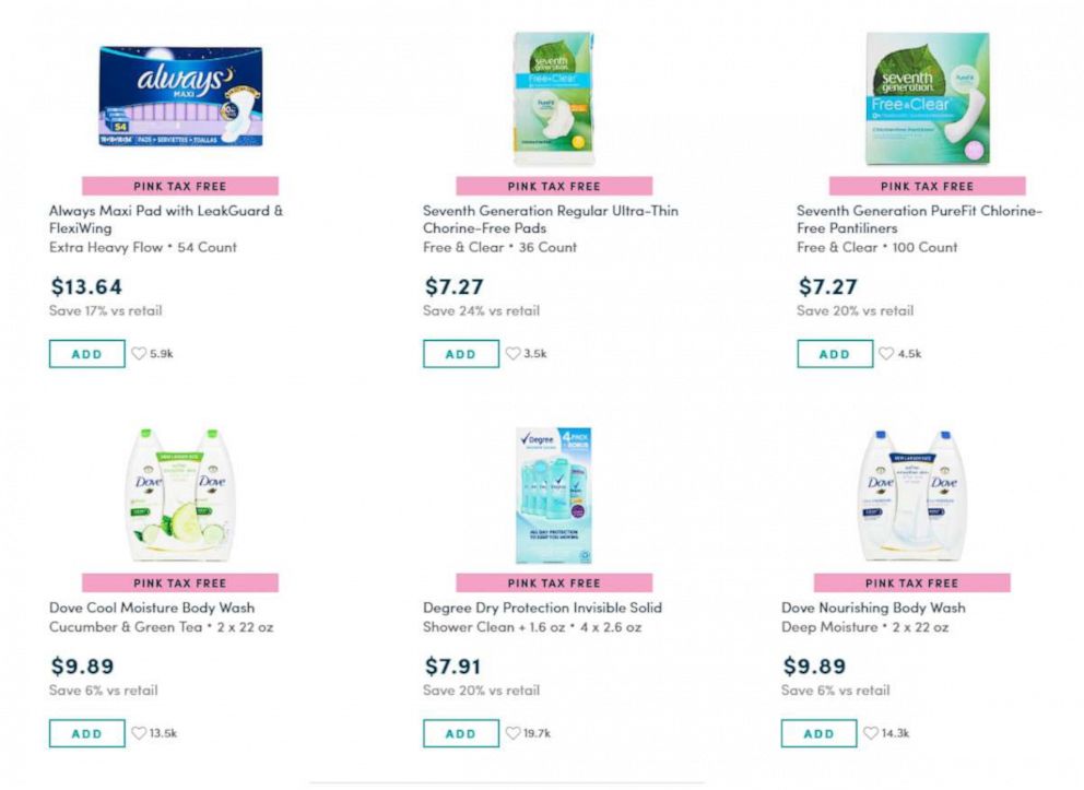 PHOTO: Online retailer Boxed has eliminated the "pink tax" and gives customers the extra charges for menstrual products or "women's items" back as a rebate.