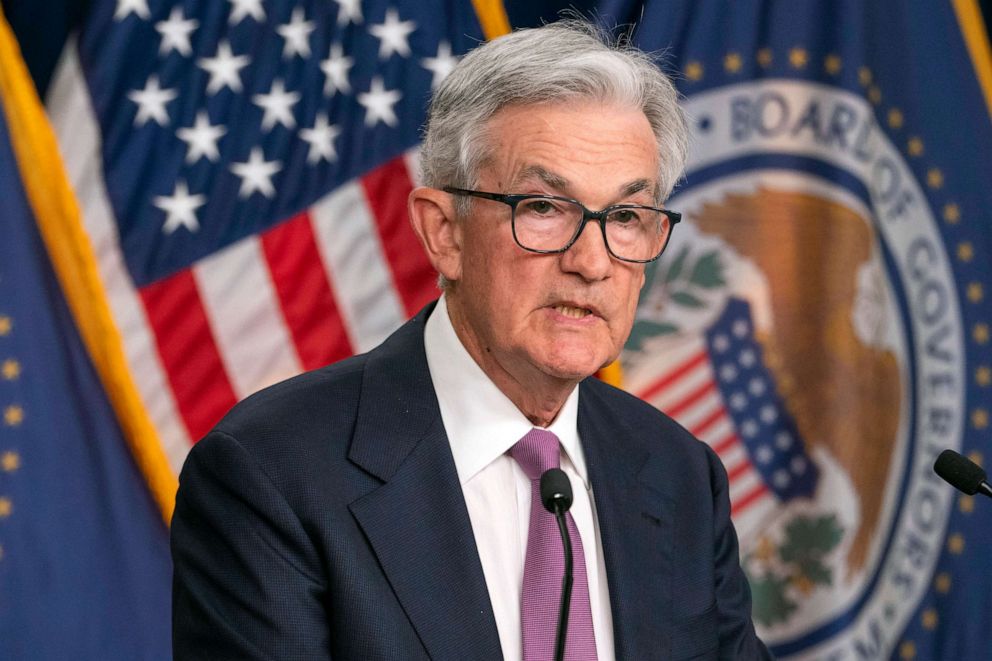 PHOTO: Federal Reserve Chair Jerome Powell speaks during a news conference following a Federal Open Market Committee meeting, June 14, 2023, at the Federal Reserve Board Building in Washington, D.C.
