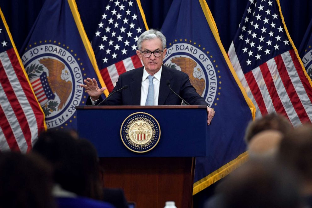 PHOTO: Federal Reserve Board Chair Jerome Powell speaks during a news conference at the Federal Reserve in Washington, D.C., March 22, 2023.