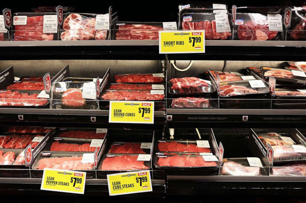 PHOTO: Various meats are seen at Lincoln Market, June 12, 2023 in the Prospect Lefferts Gardens neighborhood in the Brooklyn borough of New York City.