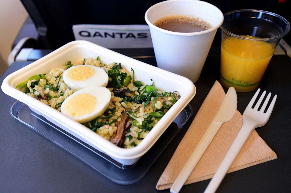 PHOTO: A meal is served in Qantas' new biodegradable and recyclable food and beverage packaging on Qantas flight QF739 from Sydney to Adelaide, Australia, May 8, 2019, for the world's first zero waste to landfill flight.