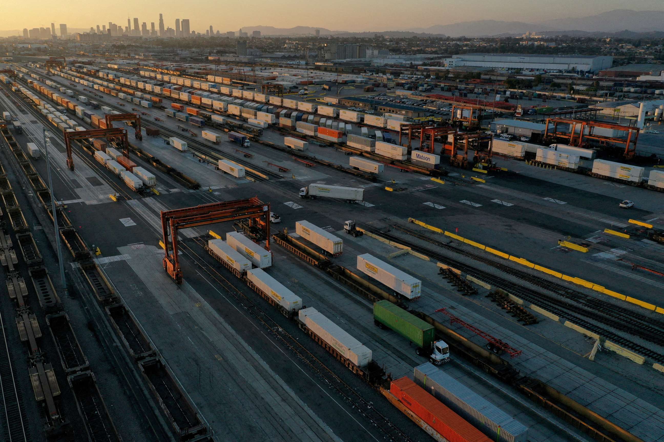 PHOTO: A view of gantry cranes, shipping containers and freight railway trains ahead of a possible strike if there is no deal with the rail worker unions, at the Union Pacific Los Angeles Intermodal Facility rail yard in Commerce, Calif., Sept. 15, 2022.