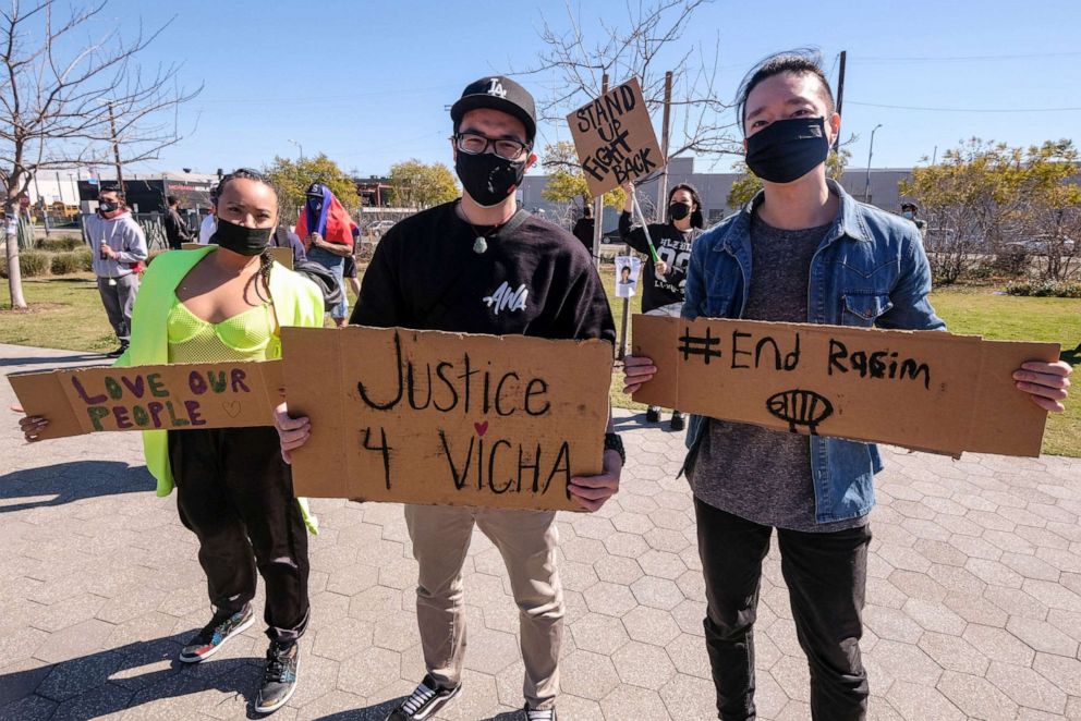 PHOTO: Demonstrators take part in a rally to raise awareness of anti-Asian violence, in Los Angeles, Feb. 20, 2021. The rally was organized in response to the fatal assault of Vicha Ratanapakdee, an 84-year-old immigrant from Thailand, in San Francisco.