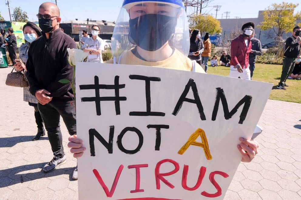 PHOTO: A demonstrator takes part in a rally to raise awareness of anti-Asian violence in Los Angeles, on Feb. 20, 2021. The rally was organized in response to a fatal assault of Vicha Ratanapakdee, an 84-year-old immigrant from Thailand, in San Francisco.