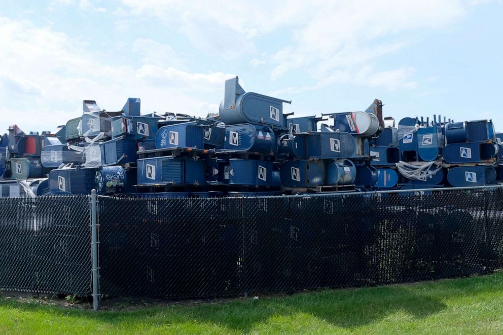 PHOTO: Mailboxes from across the country are stored outside of Hartford Finishing Inc. where they will be refurbished or repaired, Aug. 17, 2020, in Hartford, Wisconsin.