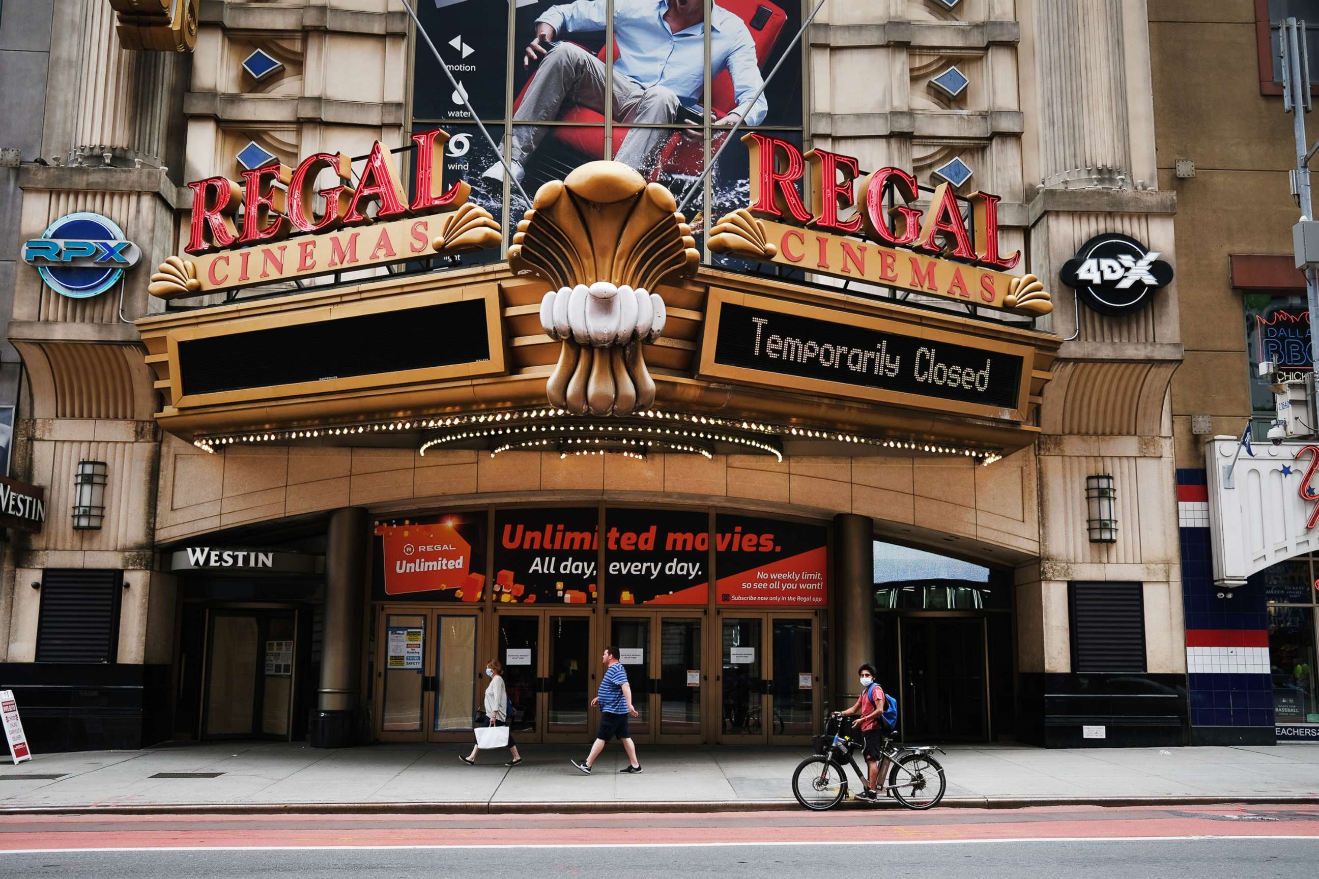 PHOTO: Regal Cinemas stands closed along New York City's iconic 42nd Street on Aug. 06, 2020.
