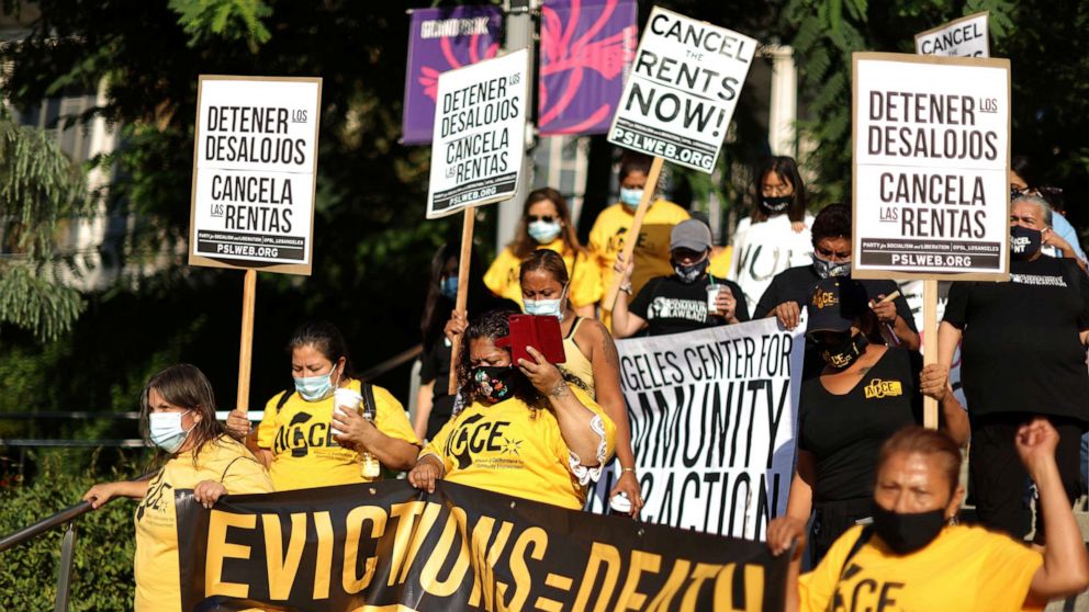 PHOTO: Tenants and housing rights activists protest for a halting of rent payments and mortgage debt, during the COVID-19 outbreak, in Los Angeles, Oct. 1, 2020.