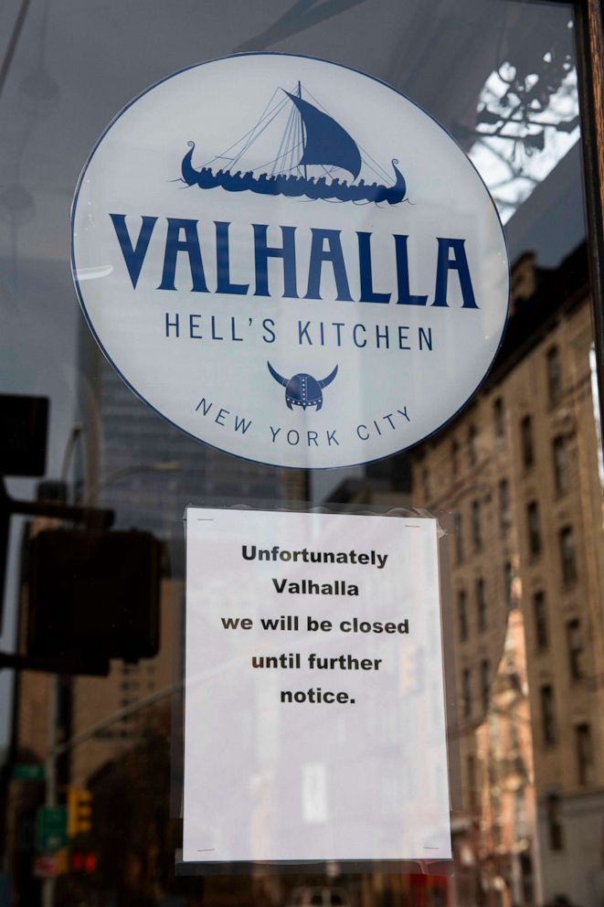 PHOTO: A closed sign is shown on a restaurant in New York, April 7, 2020.