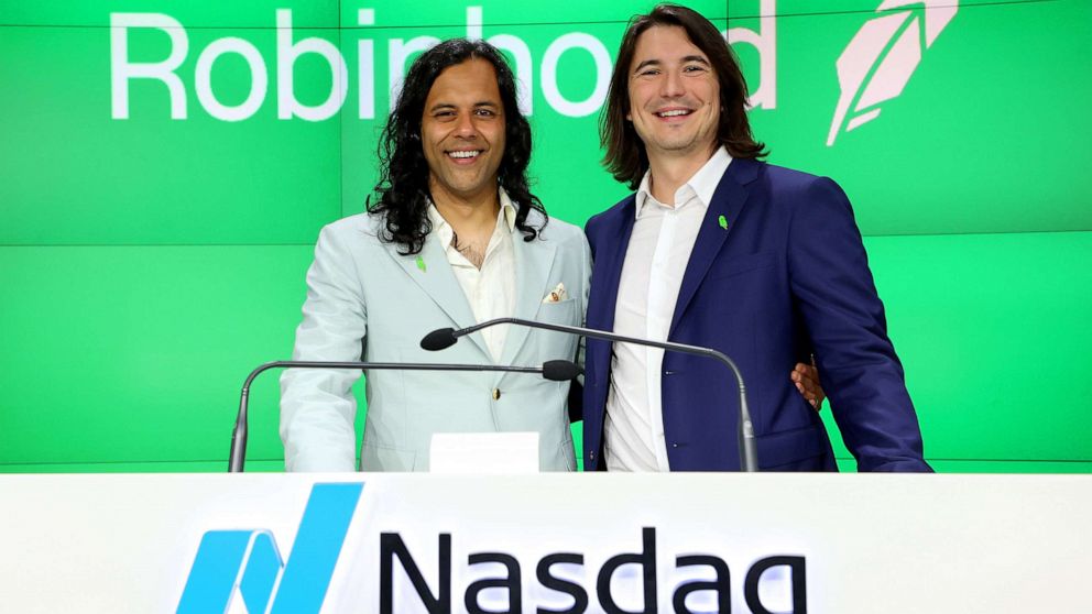PHOTO: Baiju Bhatt and Vlad Tenev attend Robinhood Markets IPO Listing Day, July 29, 2021, in New York City.