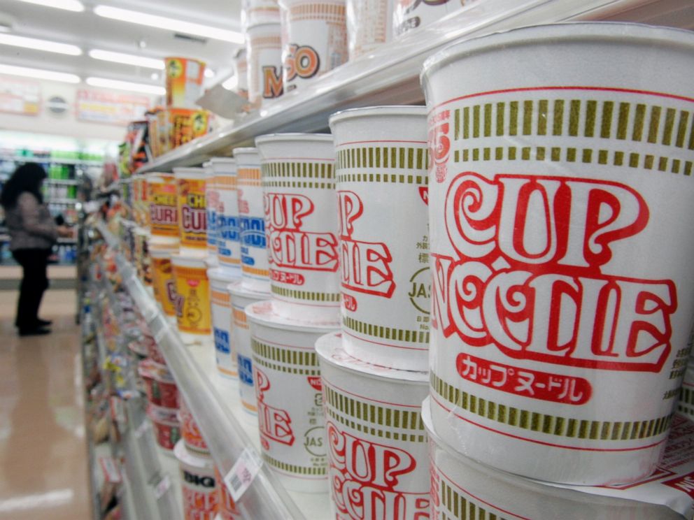 PHOTO: Japanese instant-noodle maker Nissin Food Products Cup Noodle are stacked at a convenience store in Tokyo on Nov. 15, 2006.