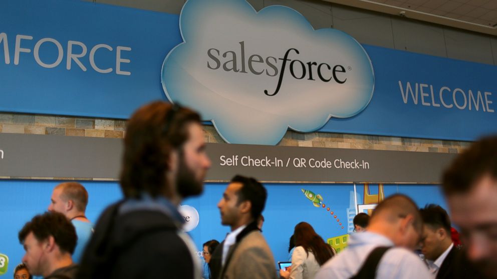 PHOTO: A Salesforce sign is seen as attendees make their way through Moscone Center during the company's annual Dreamforce event, in San Francisco, Nov. 18, 2013.