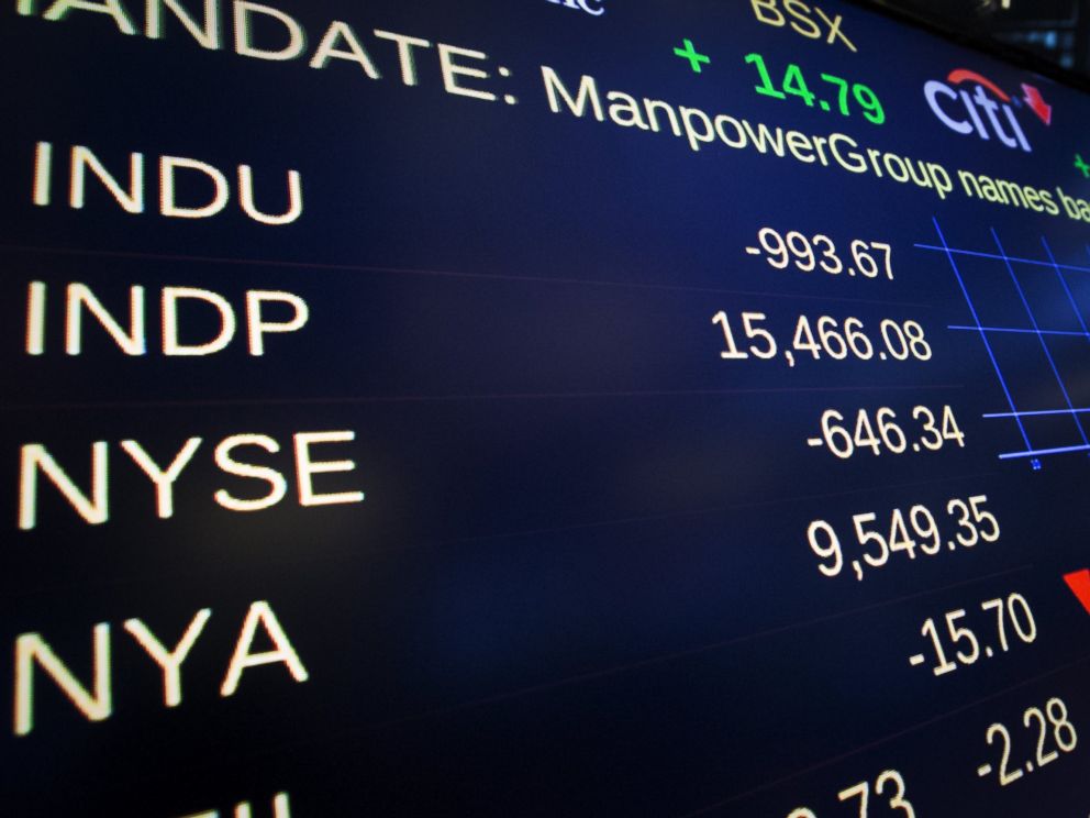 PHOTO: A screen shows the Dow Jones Industrial Average, on the floor of the New York Stock Exchange just after the opening bell Aug. 24, 2015.
