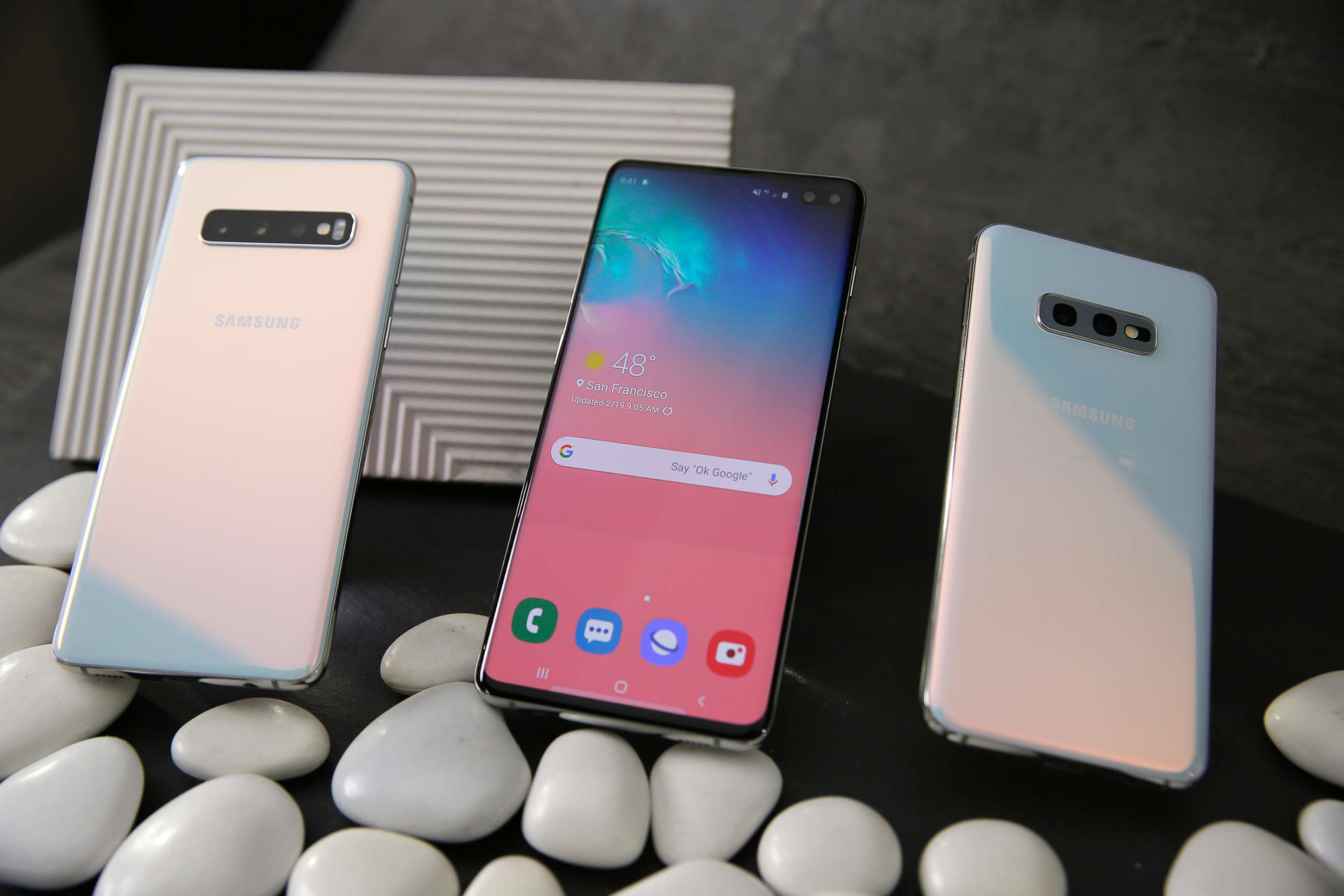 PHOTO: The new Samsung Galaxy S10, the S10+ and the S10e during a product preview in San Francisco, Calif., Feb. 19, 2019. 