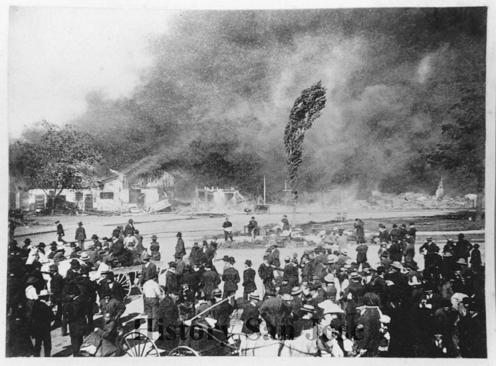 PHOTO: This May 4, 1887, photo provided by History San Jose, part of the History San Jose Photographic Collection, shows a fire at Market Street in Chinatown in San Jose, Calif.