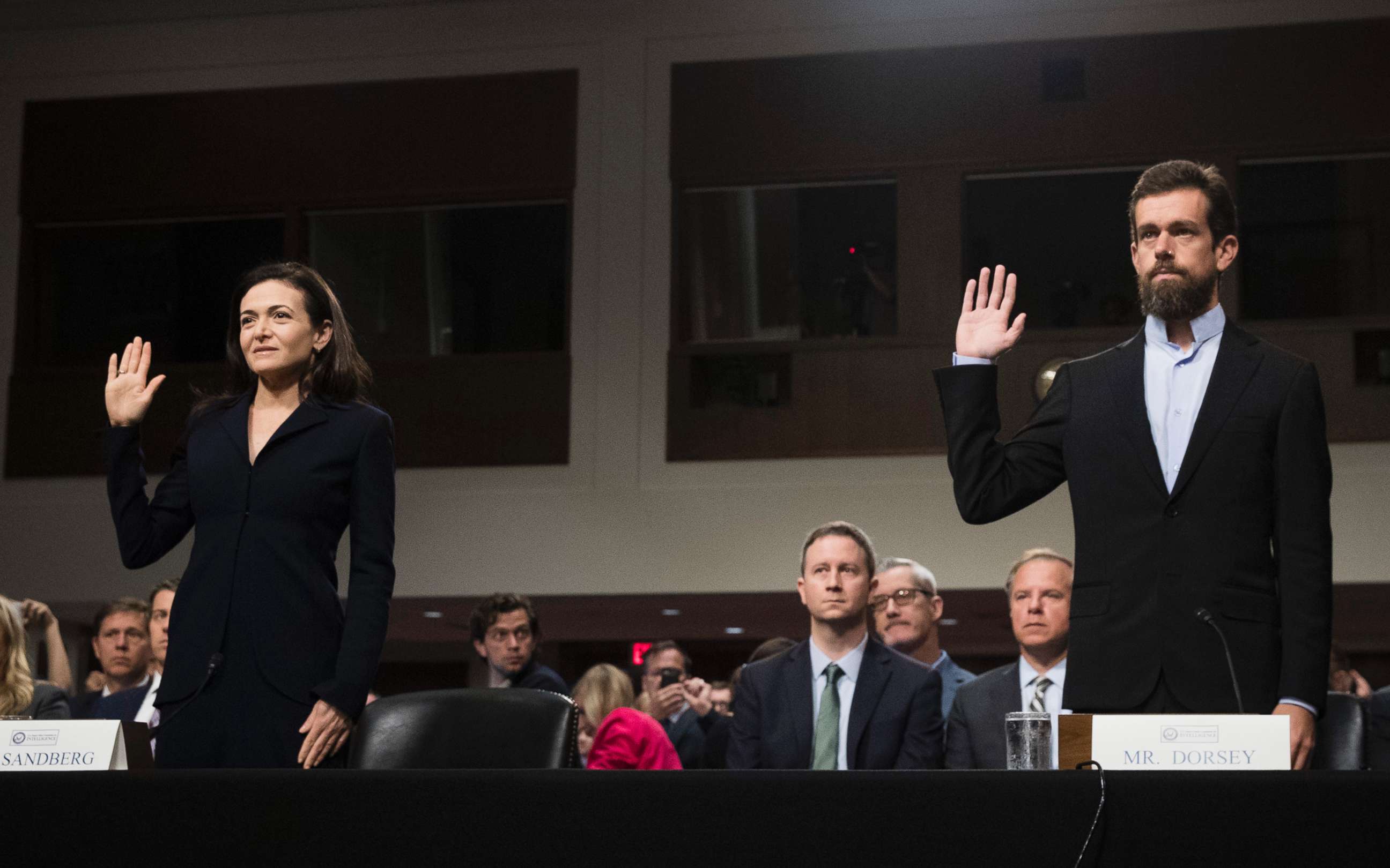PHOTO: Facebook chief operating officer Sheryl Sandberg, left, and Twitter chief executive officer Jack Dorsey testify during a Senate Intelligence Committee hearing on Capitol Hill, Sept. 5, 2018 in Washington, D.C.