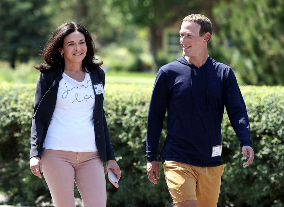 PHOTO: Sheryl Sandberg, COO of Facebook, walks with Mark Zuckerberg, CEO of Facebook, while attending a conference, July 8, 2021, in Sun Valley, Idaho.