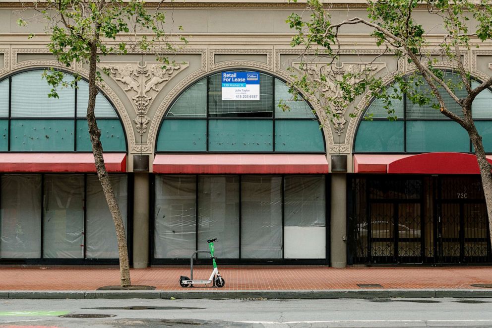PHOTO: A "For Lease" sign at a storefront on Market Street in San Francisco, May 3, 2023.