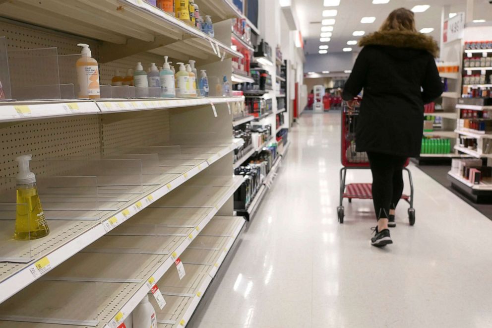 PHOTO: Shelves that held hand sanitizer and hand soap are mostly empty at a Target in Jersey City, N.J., March 3, 2020.
