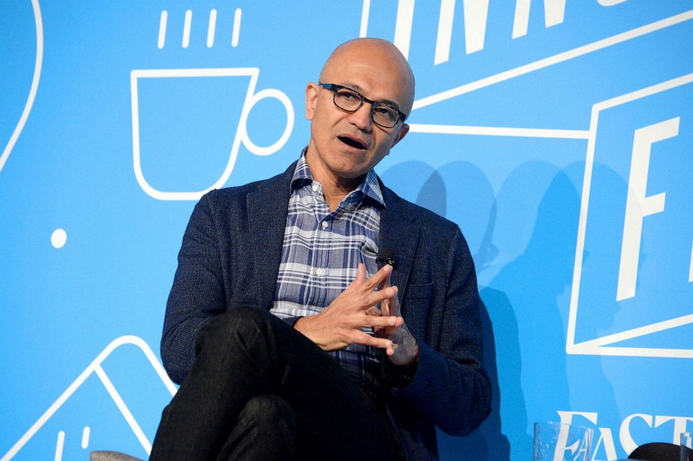 PHOTO: Satya Nadela speaks on stage at the "A Conversation with Microsoft's Satya Nadella" panel, Nov. 7, 2019, in New York City.