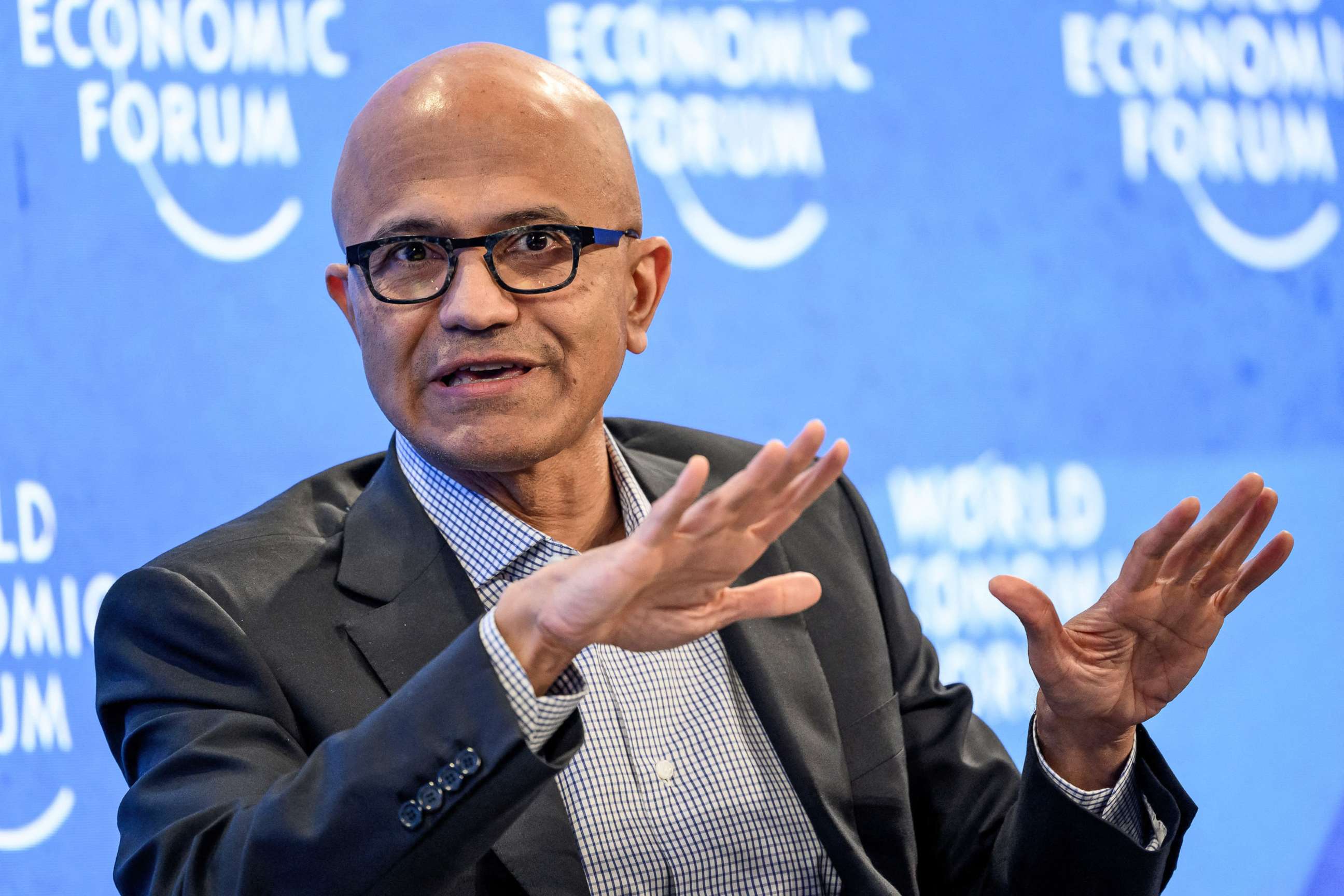PHOTO: Microsoft CEO Satya Nadella gestures during a session at the World Economic Forum annual meeting in Davos, Switzerland, on May 24, 2022.