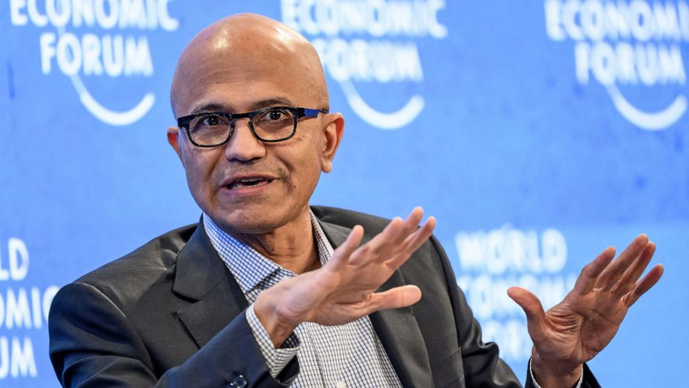 PHOTO: Microsoft CEO Satya Nadella gestures during a session at the World Economic Forum annual meeting in Davos, Switzerland, on May 24, 2022.