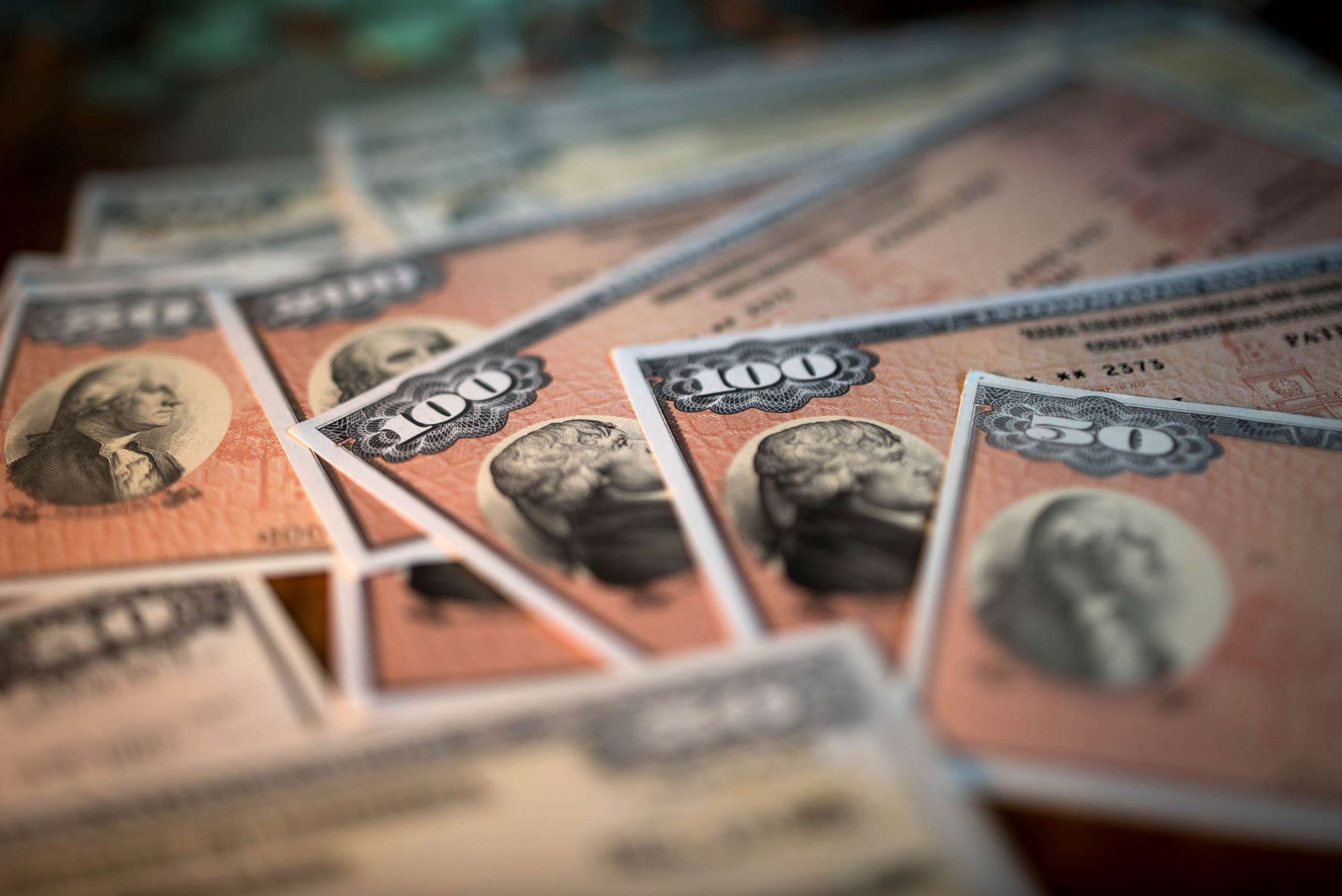 PHOTO: U.S. savings bonds are arranged in a photograph, in Oradell, N.J., on June 18, 2015.