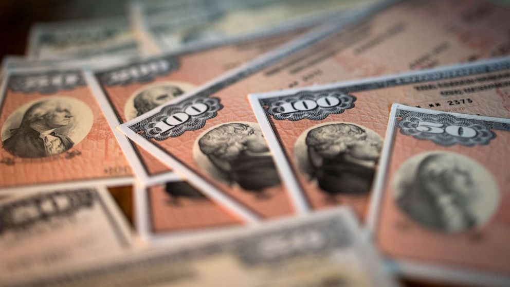 PHOTO: U.S. savings bonds are arranged in a photograph, in Oradell, N.J., on June 18, 2015.