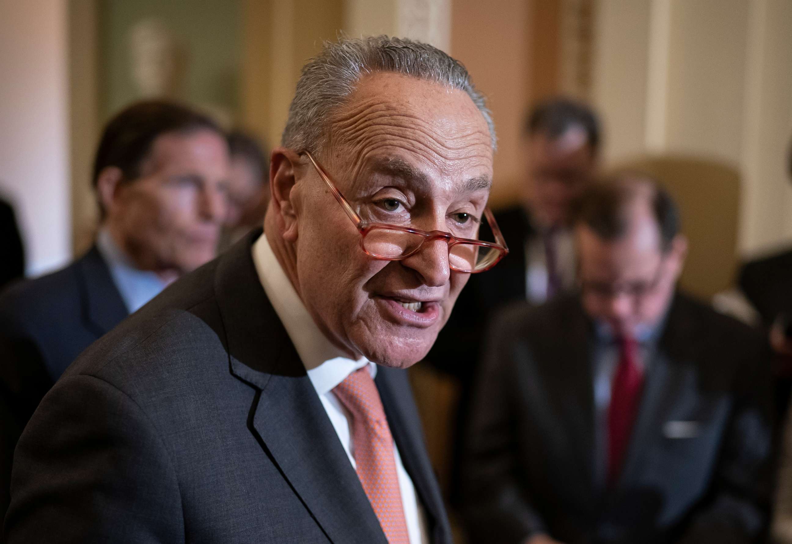PHOTO: Senate Minority Leader Chuck Schumer talks to reporters following a Democratic strategy meeting at the Capitol in Washington, Feb. 11, 2020.