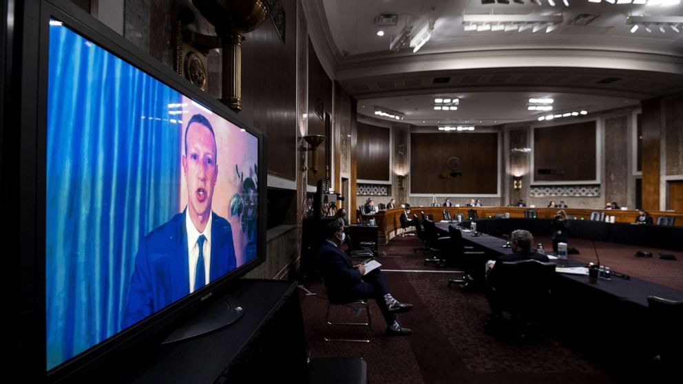 PHOTO: Mark Zuckerberg, chief executive officer of Facebook Inc., speaks remotely during a Senate Judiciary Committee hearing in Washington, Nov. 18, 2020. 