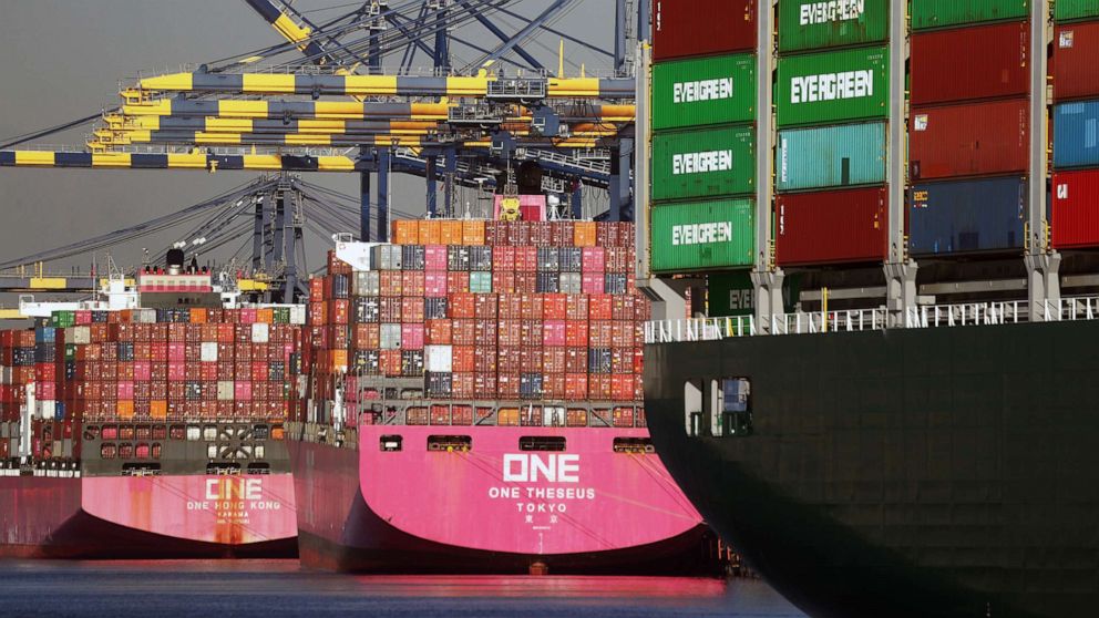 PHOTO: Shipping containers are stacked on container ships at the Port of Los Angeles on Nov. 24, 2021 in San Pedro, Calif.