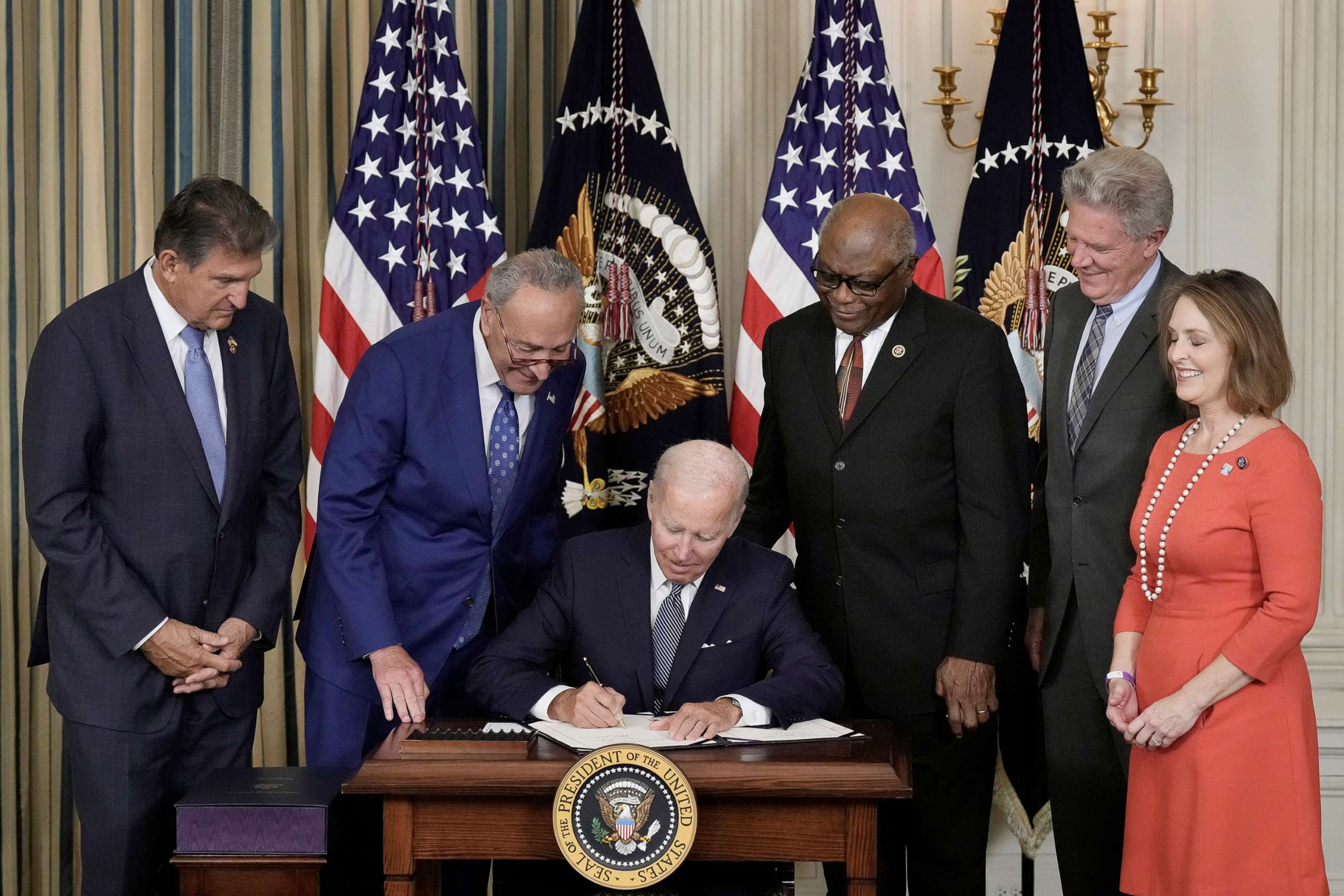 PHOTO: President Joe Biden signs The Inflation Reduction Act with Sen. Joe Manchin, Sen. Charles Schumer, House Whip James Clyburn, Rep. Frank Pallone and Rep. Kathy Catsor in the State Dining Room of the White House August 16, 2022 in Washington, D.C.