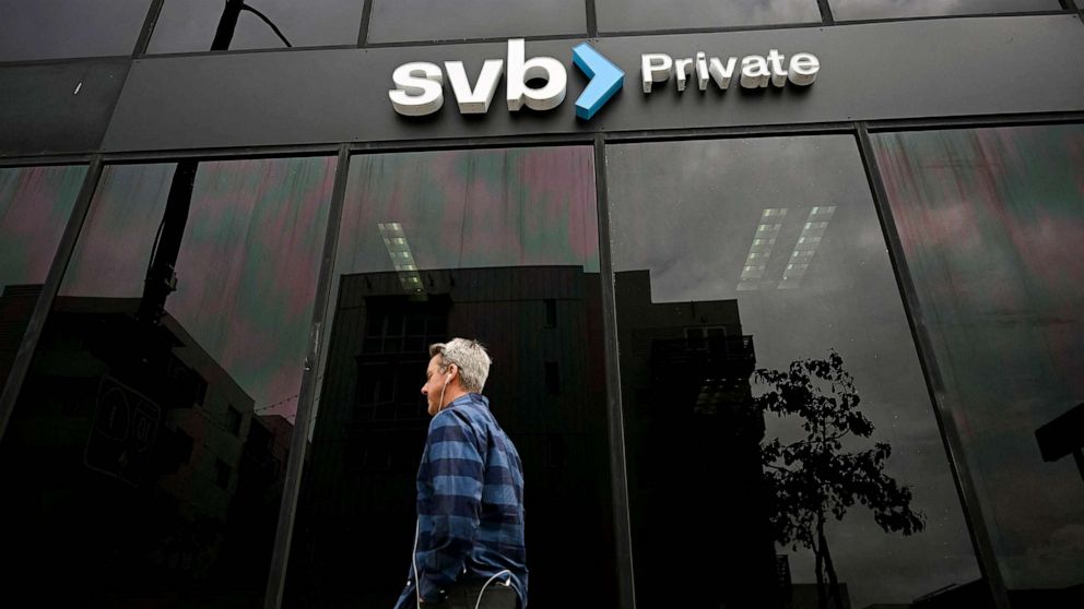 PHOTO: FILE - The SVB Private logo is displayed outside of a Silicon Valley Bank branch in Santa Monica, Calif., March 20, 2023.