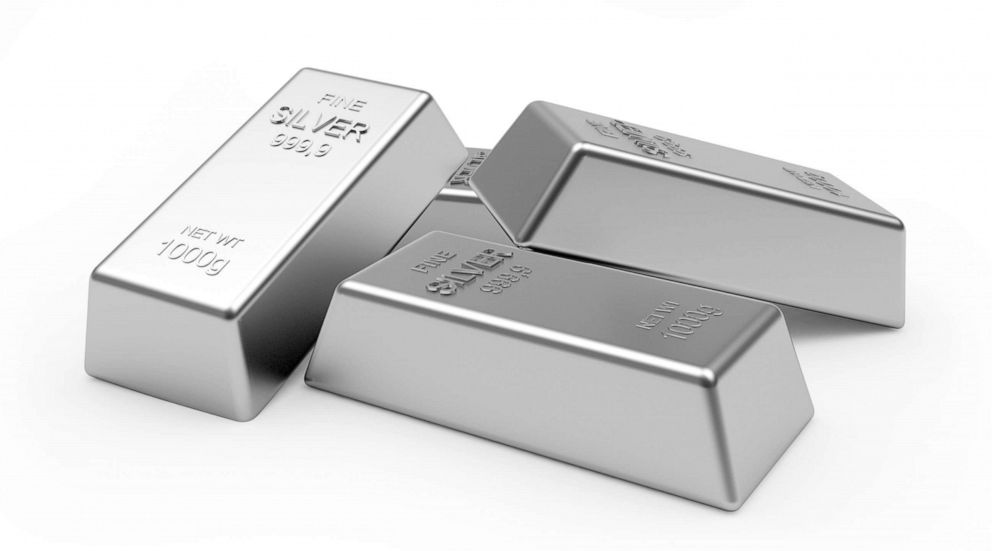 PHOTO: Several silver bars or ingots are pictured stacked up in this stock image.
