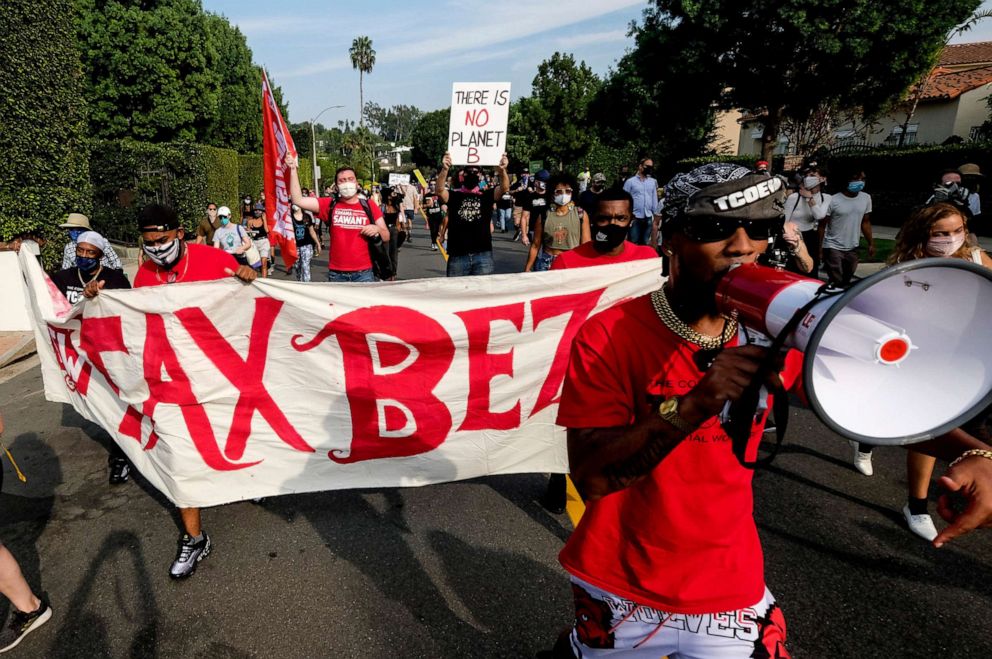 PHOTO: Chris Smalls, a former Amazon employee, leads a demonstration to Amazon founder Jeff Bezos' mansion to lobby for higher wages, the right to unionize and a series of reforms, in Beverly Hills, Calif., Oct. 4, 2020.