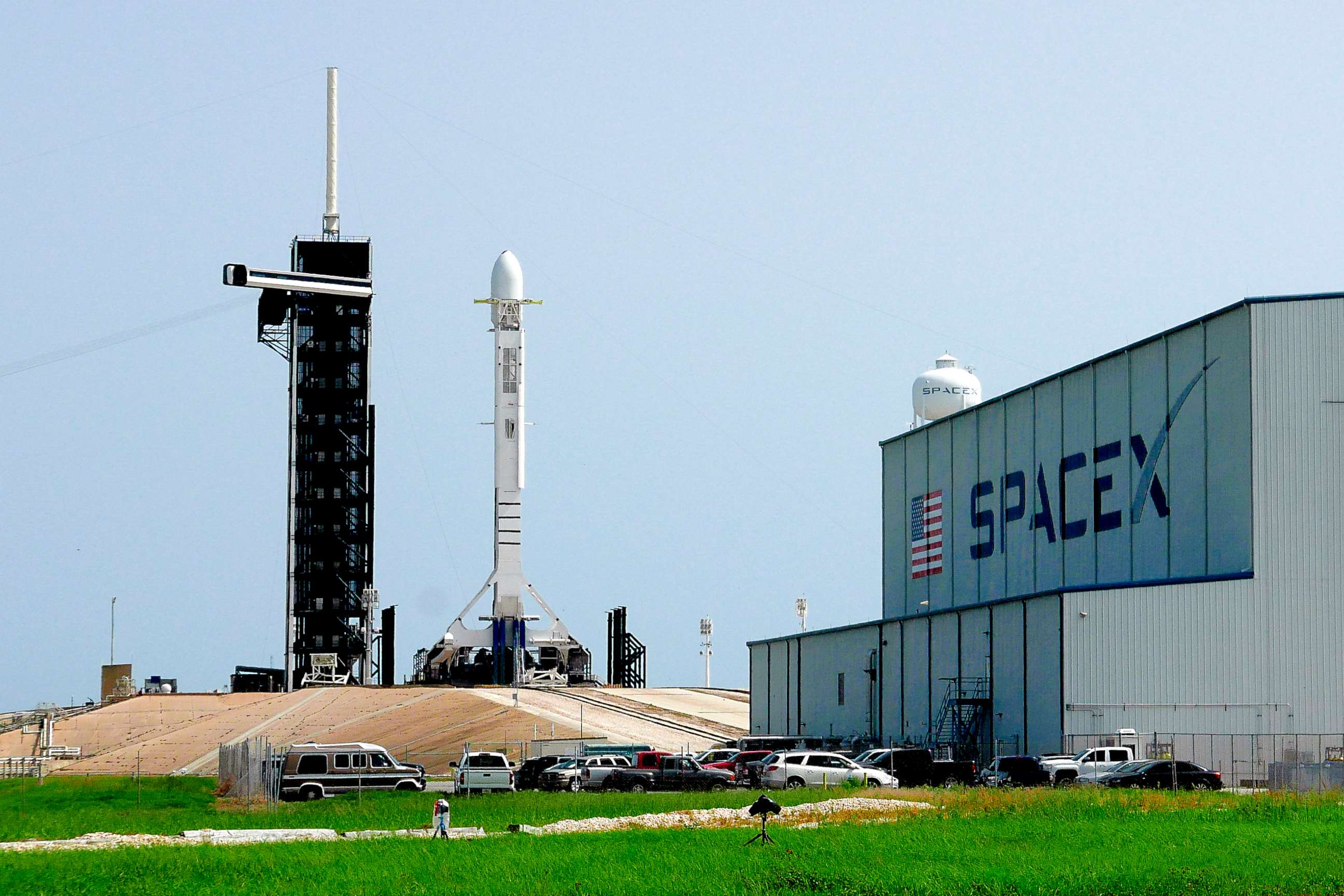 PHOTO: A Falcon 9 SpaceX rocket stands ready for launch at pad 39A at the Kennedy Space Center in Cape Canaveral, Fla., June 26, 2020.