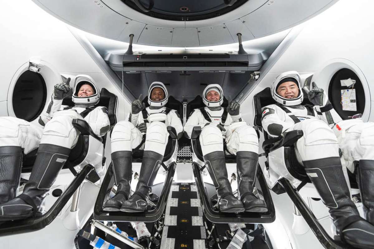 PHOTO: NASA astronauts Shannon Walker, Victor Glover, and Mike Hopkins, and astronaut Soichi Noguchi of the Japan Aerospace Exploration Agency - who constitute the crew of NASA's Crew-1 mission, inside SpaceX's Crew Dragon spacecraft.