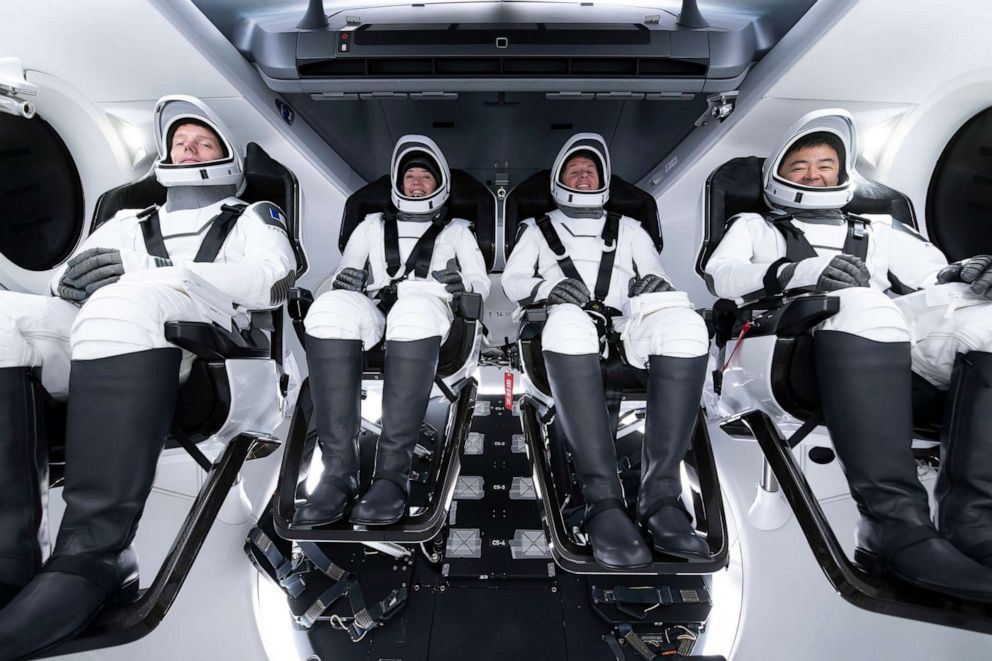 PHOTO: The crew for the second long-duration SpaceX Crew Dragon mission to the International Space Station, NASA's SpaceX Crew-2, are pictured during a training session at the SpaceX training facility in Hawthorne, Calif., April 18, 2021.