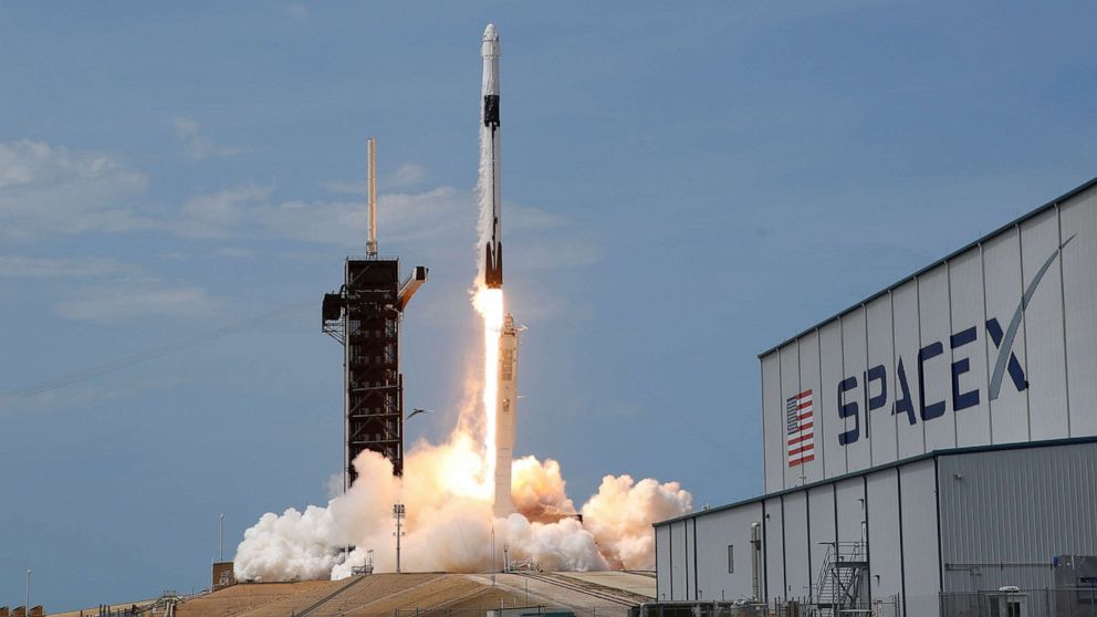 PHOTO: A SpaceX Falcon 9 rocket and Crew Dragon spacecraft lifts off during SpaceX Demo-2 mission to the International Space Station from Kennedy Space Center in Cape Canaveral, Fla., May 30, 2020.