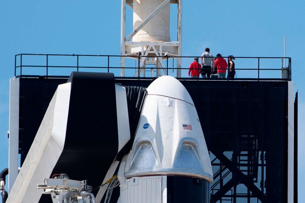 PHOTO: The SpaceX Falcon 9 rocket with the unmanned Crew Dragon capsule on its nose sits at Kennedy Space Center in Florida, March 1, 2019.