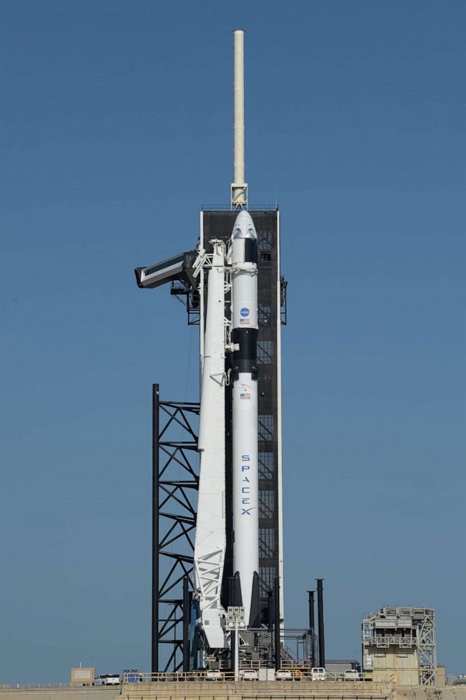 PHOTO: A SpaceX Falcon 9 rocket is seen on the launch pad at Launch Complex 39A as preparations continue for the Demo-2 mission, May 21, 2020, at NASA's Kennedy Space Center in Florida.
